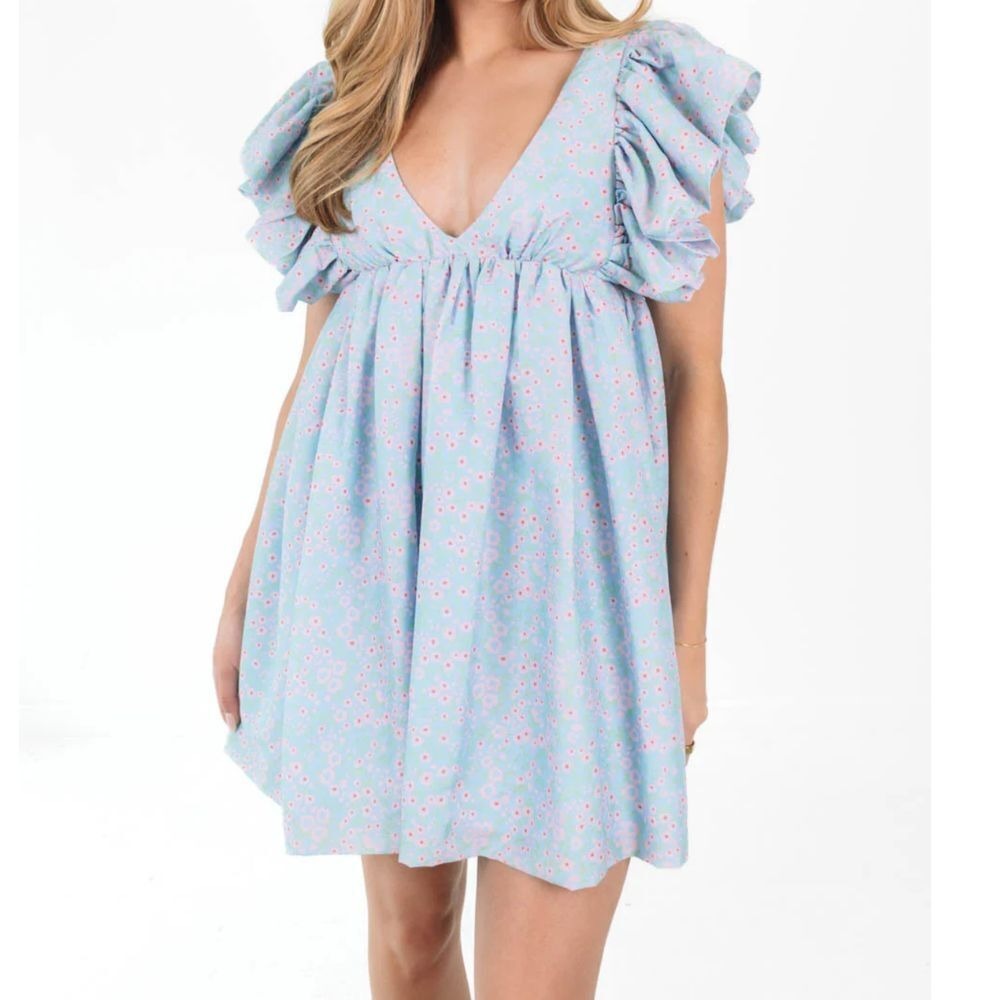 STORIA Closer Than Ever Babydoll Mini Dress Blue Floral Size Small NEW - Picture 1 of 8